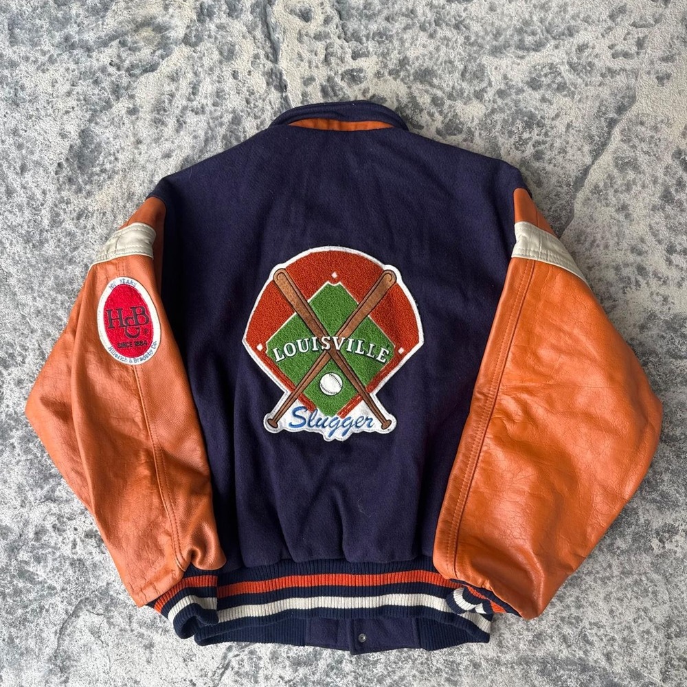 Vintage 90s Louisville Slugger Leather Wool Varsity Jacket Navy Orange Small